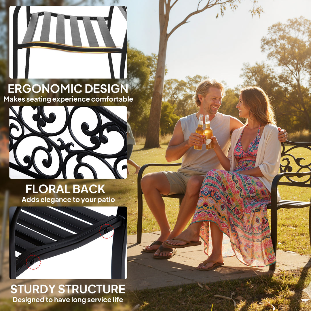 Metal Garden Bench with Floral Backrest and Armrests