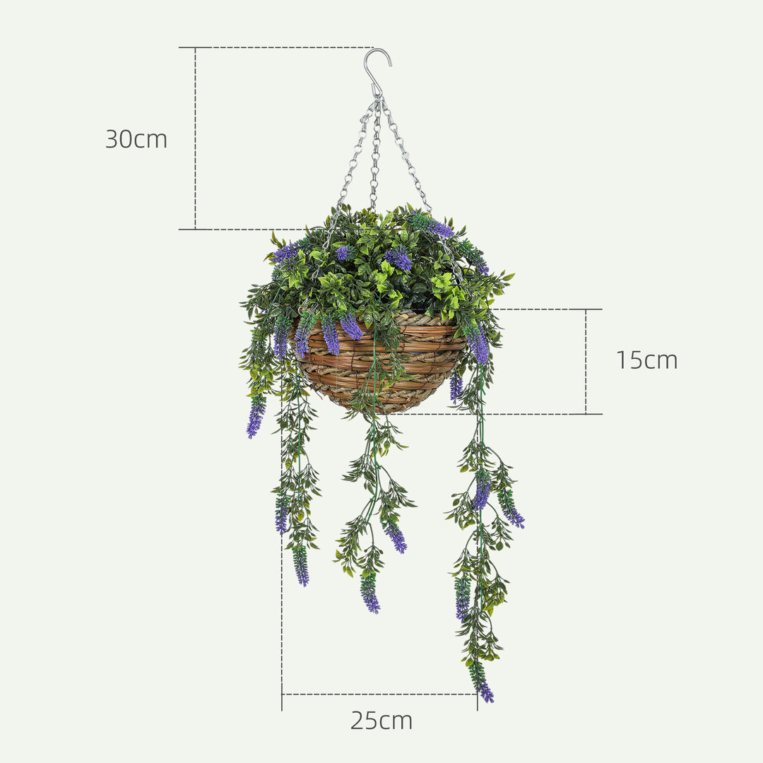 Set of 2 Decorative Artificial Plants, Faux Silk Lavender Flowers in Hanging Baskets, Fake Plants for Home Indoor Outdoor Decor, Purple