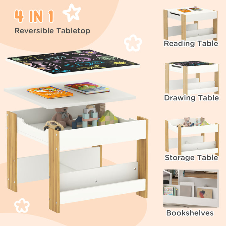 Three-Piece Kids Table and Chair Set with Blackboard, Storage, Bookshe