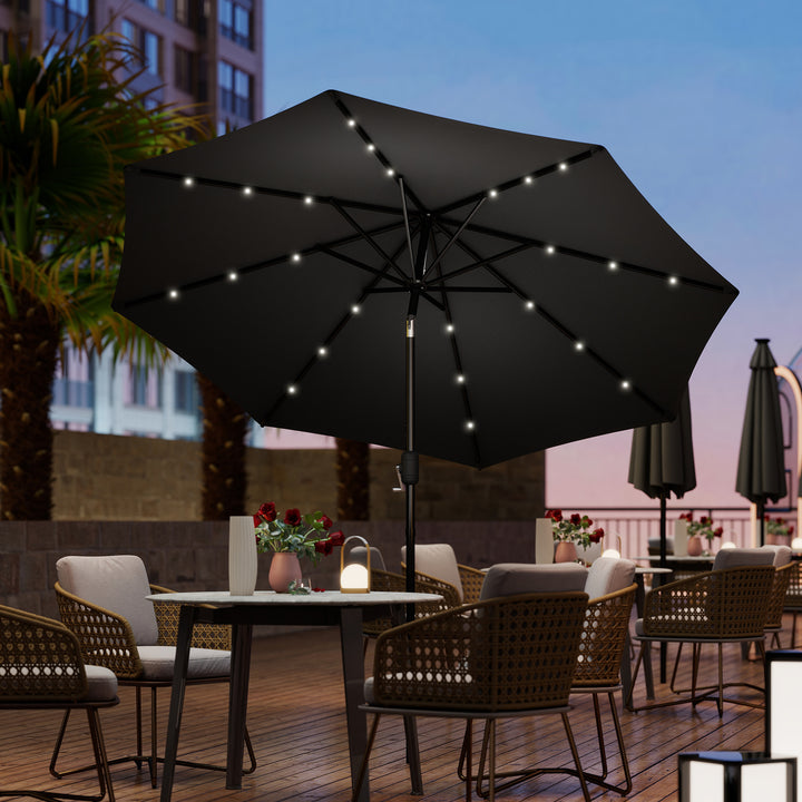 Φ2.7m Garden Parasol Solar Outdoor Tilt Sun Umbrella Patio Sun Shade w/ 24 LED Light, Hand Crank and 8 Ribs, Black