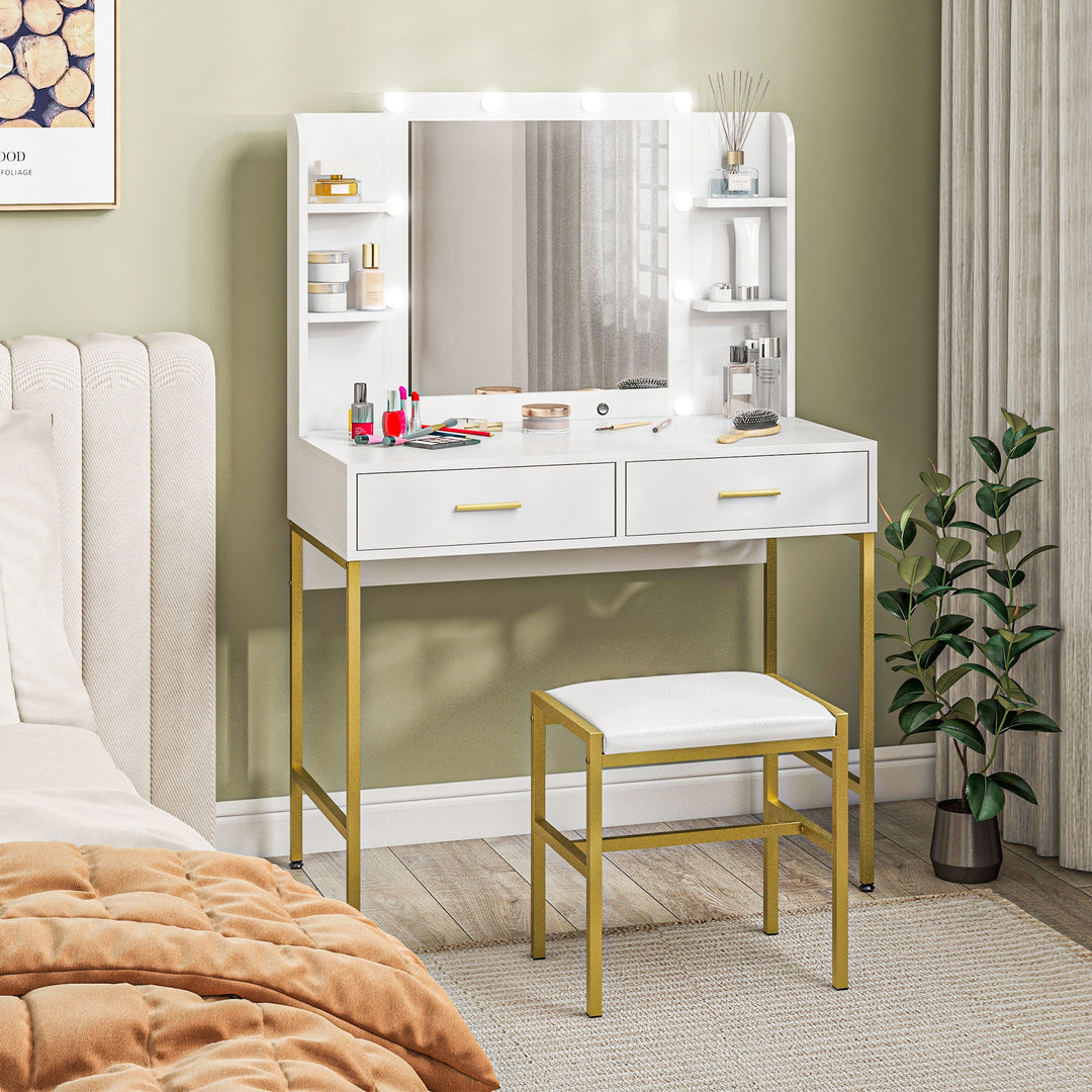 HOMCOM Dressing Table with Lighted Mirror, Cushioned Stool, Drawers, Shelves, Makeup Vanity Desk Set, Modern Dresser Vanity Table for Bedroom, White