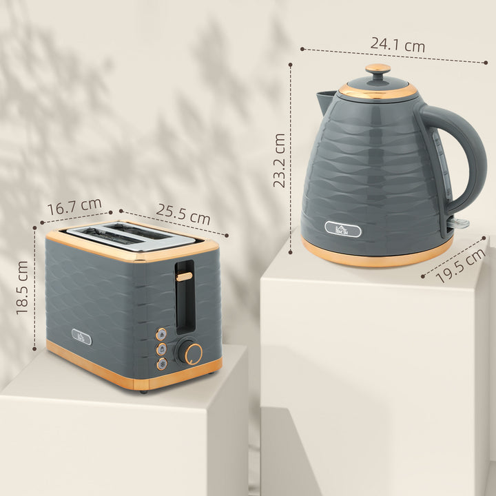 3000W 1.7L Rapid Boil Kettle & 2 Slice Toaster, Kettle and Toaster Set with 7 Browning Controls and Crumb Tray, Grey