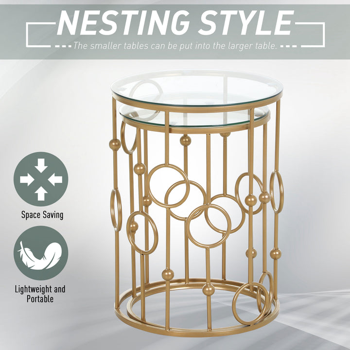 Round Coffee Tables Set of 2, Gold Nesting Side End Tables with Tempered Glass Top, Steel Frame for Living Room, Gold