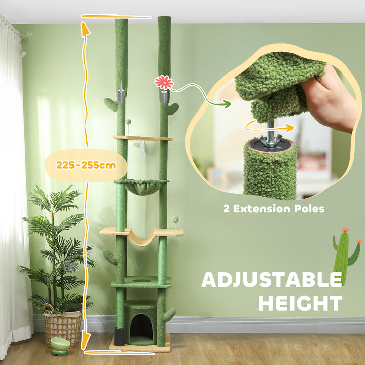 225-255cm Adjustable Floor to Ceiling Cat Tree, Tall Cat Tower for Indoor Cats w/ Scratching Posts, Green