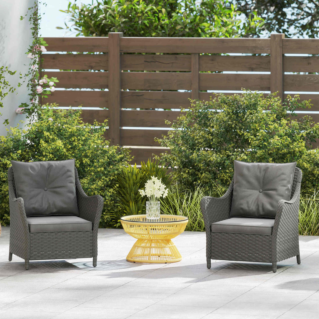 Rattan Garden Chairs Set of 2, Outdoor Rattan Chairs with Cushions, Armrests and High Back, PE Wicker Garden Armchair with Steel Frame for Balcony, Porch, Dark Grey