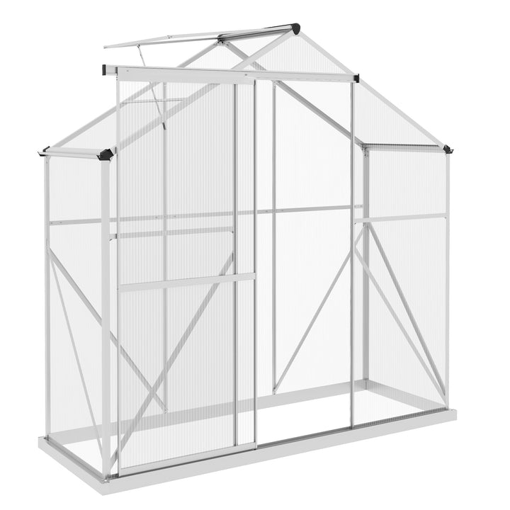 6 x 2.5ft Polycarbonate Greenhouse Walk-In Green House with Rain Gutter, Sliding Door, Window, Foundation, Silver