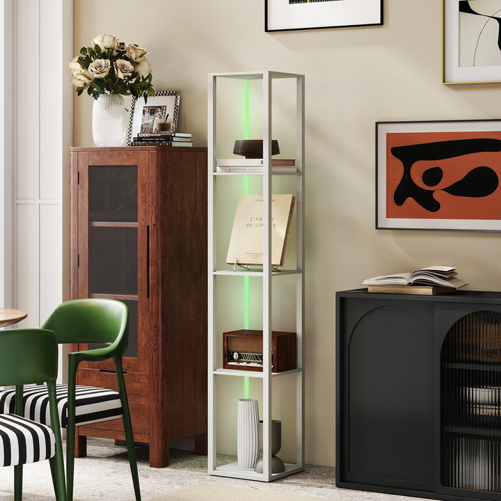 RGB LED Floor Lamp with Shelves, Modern Dimmable Standing Lamp with Remote Control, Adjustable Brightness & Speed for Living Room, Bedroom, Office, Oak