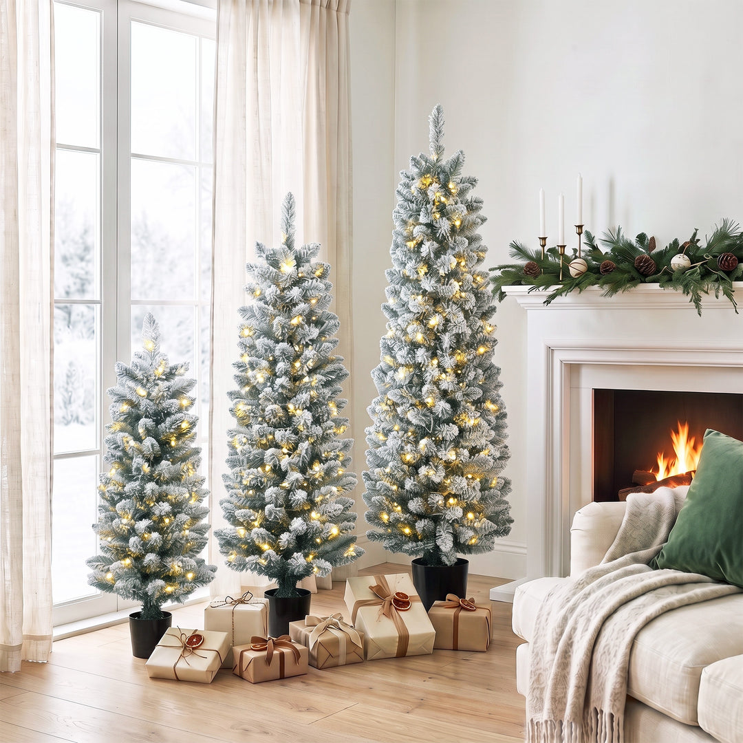 Prelit Snowy Flocked Artificial Christmas Tree Set of 3, Slim Xmas - view 2