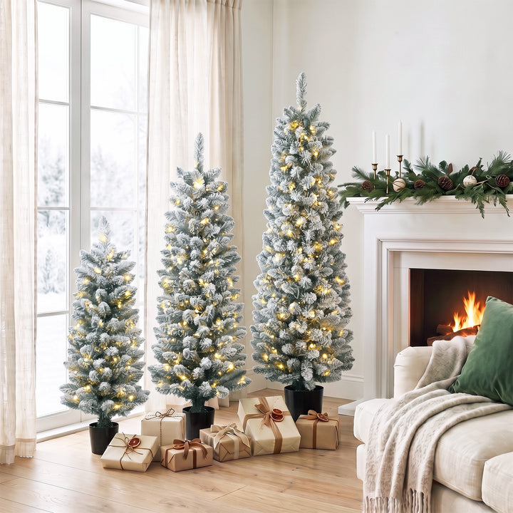 Prelit Snowy Flocked Artificial Christmas Tree Set of 3, Slim Xmas - view 2