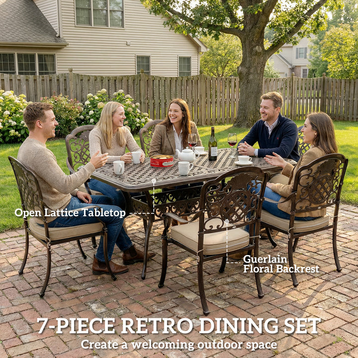 Garden Dining Set for 6, Cast Aluminium Outdoor Table and Chairs Set w