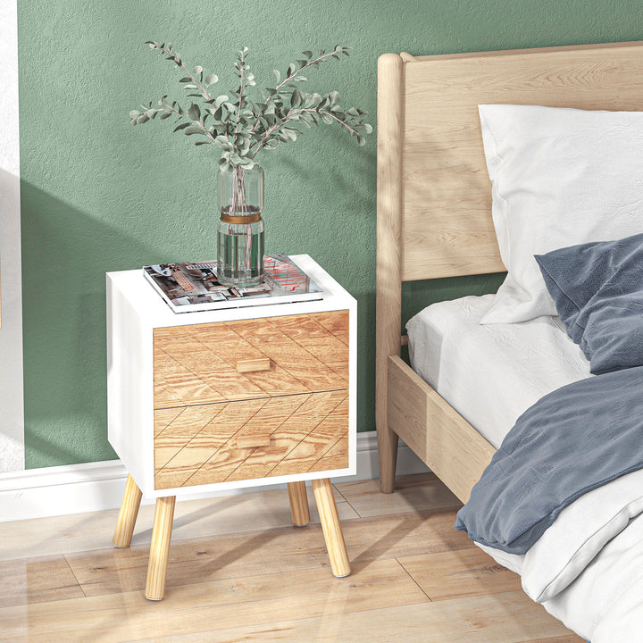 HOMCOM Wooden Bedside Table Set: 2 Nightstands with Drawers & Pine Legs, Natural Wood Storage | Aosom UK