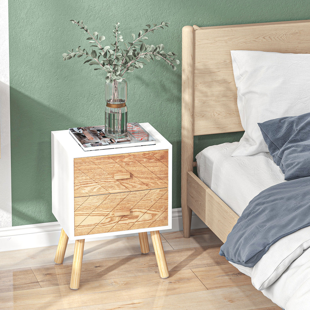 HOMCOM Wooden Bedside Table Set of 2, Bedroom Nightstand with 2 Drawers and Pine Legs, Natural Wood Storage Cabinet