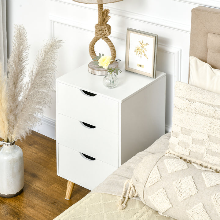 Bedside Table, Bedside Cabinet with 3 Drawers, Small Side Table with Wood Legs and Cut-out Handles for Bedroom, White