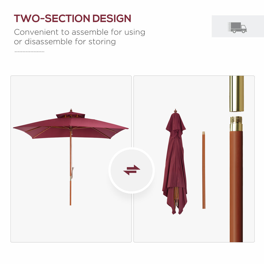 3 x 3(M) Garden Parasol Umbrella Sunshade, Outdoor Wooden Parasol with Double Tier Canopy, Wine Red