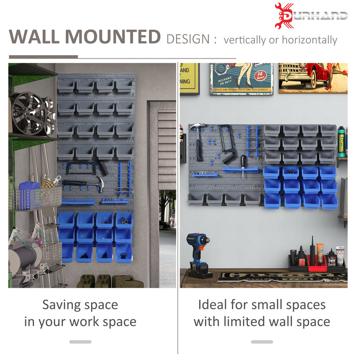 44 Piece Wall Mounted Tool Rack Organiser Storage Bins and Panel Set with Shelf Hook Screws Accessories Blue