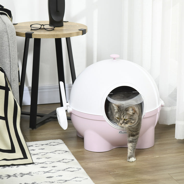 PawHut Hooded Cat Litter Box, Large Litter Tray with Lid, Scoop, Top Handle, and Front Entrance, 53 x 51 x 48cm, Pink | Aosom UK