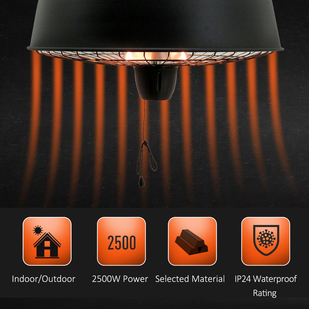 Adjustable Power 1000/2500W Infrared Halogen Electric Patio Light Heater, Ceiling Hanging Mount -Black