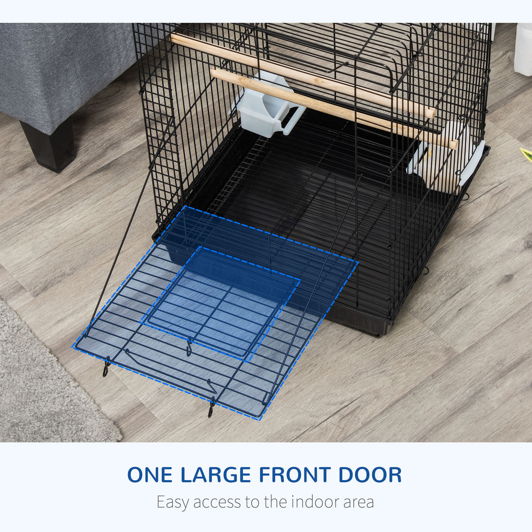 Steel Bird Cage with Openable Top, Stand, Tray, Handles, Feeding Bowls for Parakeet, Finch - Black