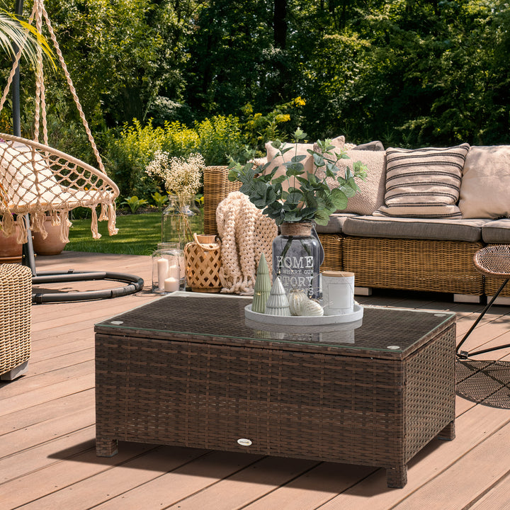 Outsunny Rattan Garden Furniture Coffee Table Patio Tempered Glass (Mixed Brown)