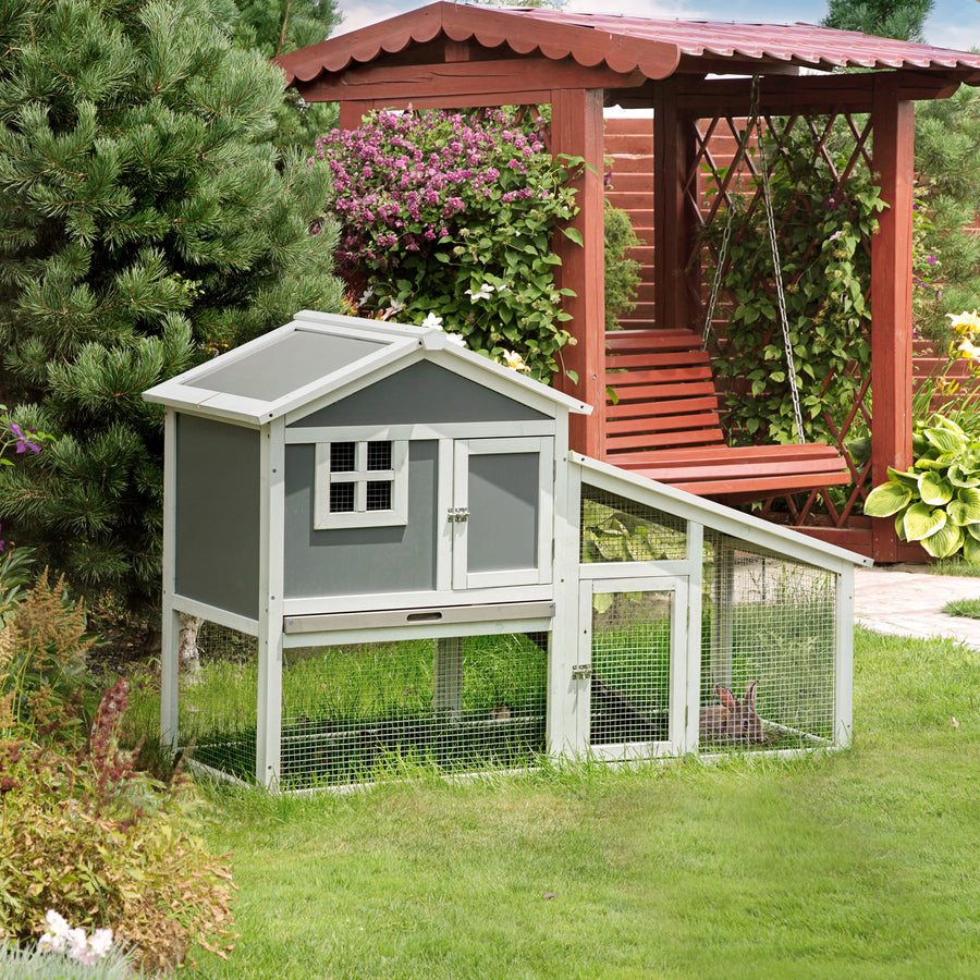 Two-Tier Rabbit Hutch, with Sunlight Panel Roof, Slide-Out Tray - Grey