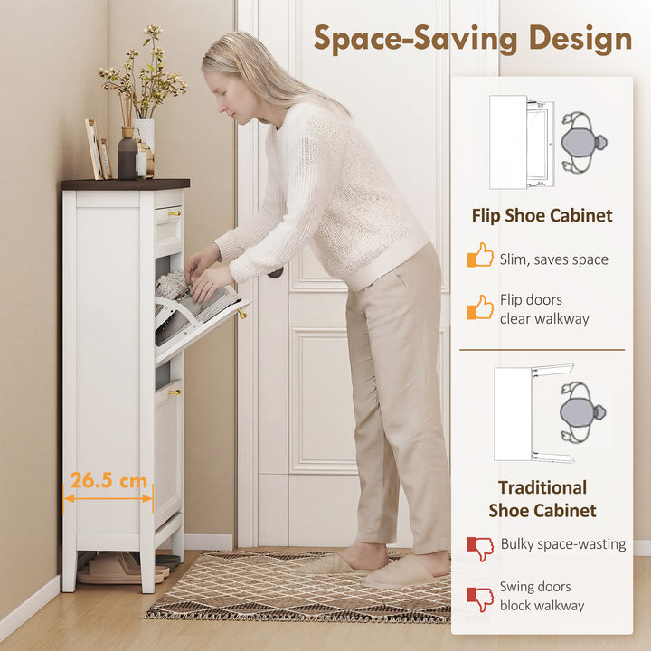 Shoe Cabinet with 2 Flip Drawers, Farmhouse Narrow Shoe Storage Cabine