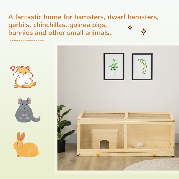 Wooden Hamster Cage with Sliding Tray, Openable Top, Hut for Syrian Hamster, Natural Wood Finish