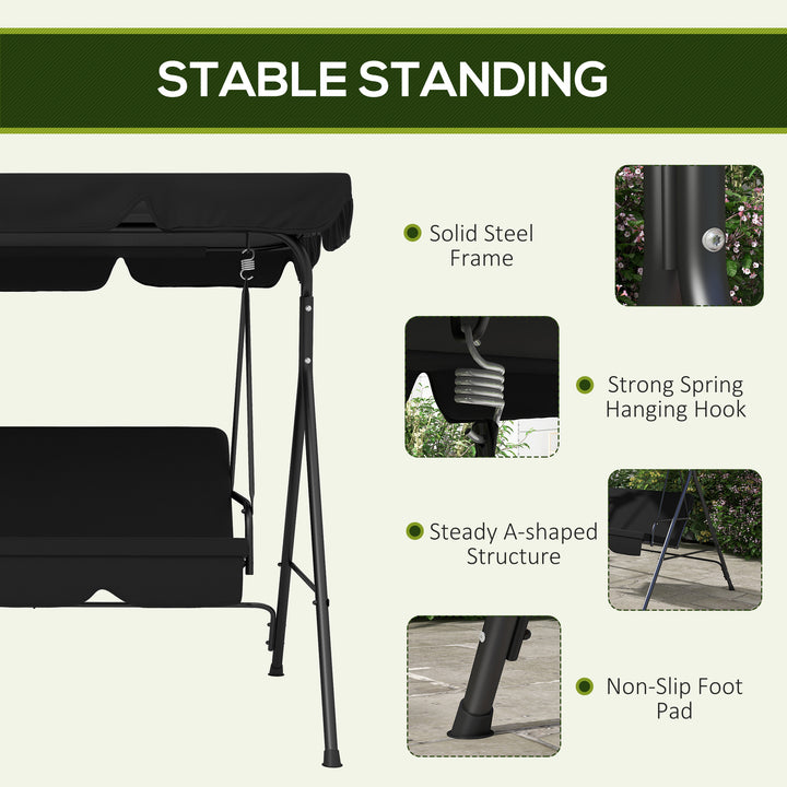 Three-Seater Garden Swing Chair, with Adjustable Canopy - Black