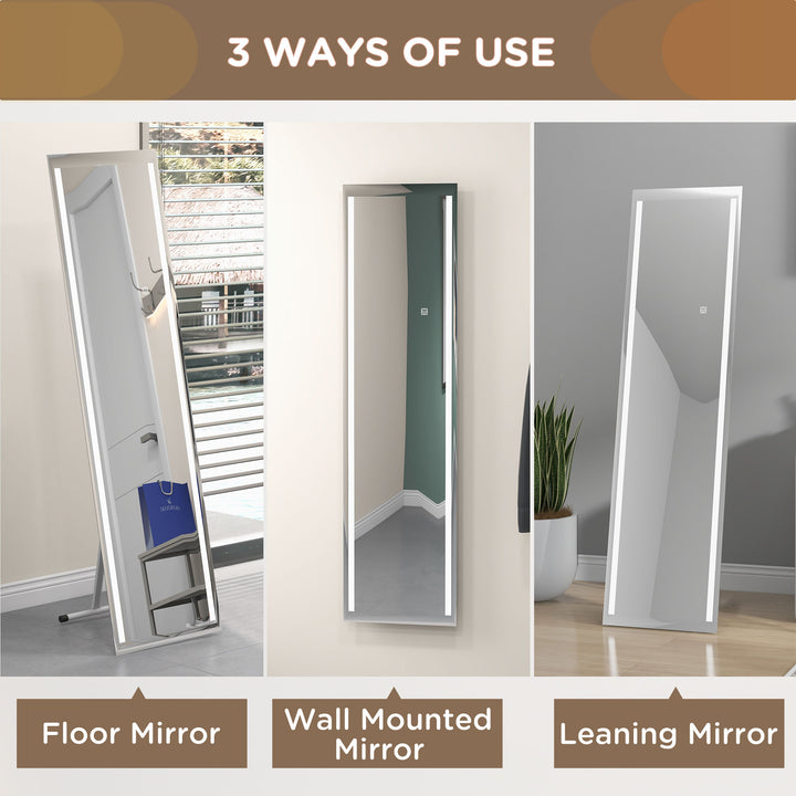 HOMCOM LED Dressing Mirror, Standing Wall Bedroom Mirror with Dimmable 3 Colour Lighting, 23W, 40x50x148cm, White | Aosom UK