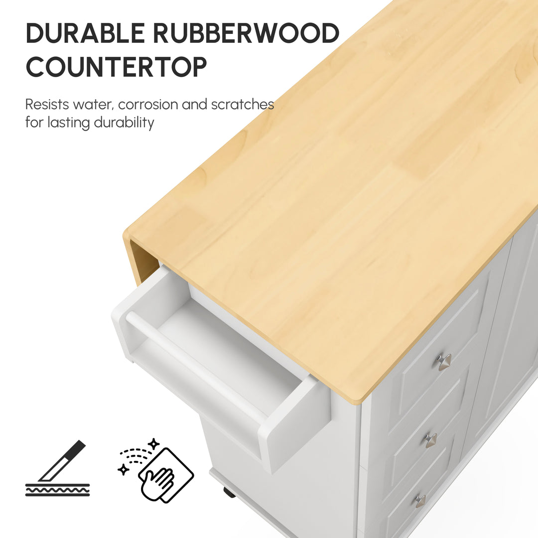 Kitchen Island with Drop Leaf, Rolling Kitchen Storage Trolley on Wheels with 3 Drawers, Spice Rack and Towel Rack, Storage Cart with Rubber Wood Top, White