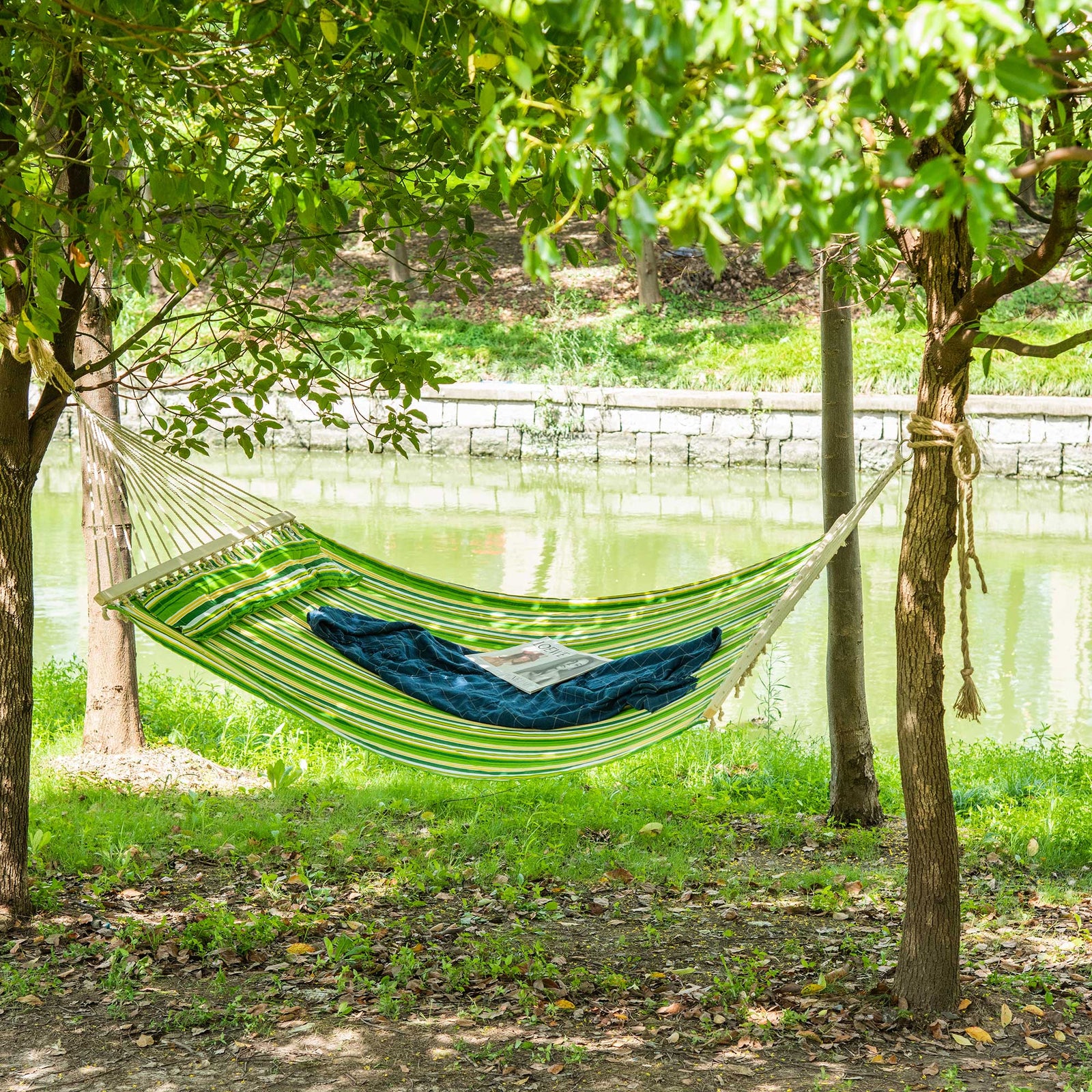 Double Cotton Hammock Camping Swing Outdoor Garden Beach Stripe Hanging Bed with Pillow, 188 x 140 cm, 180 KG Capacity, Green