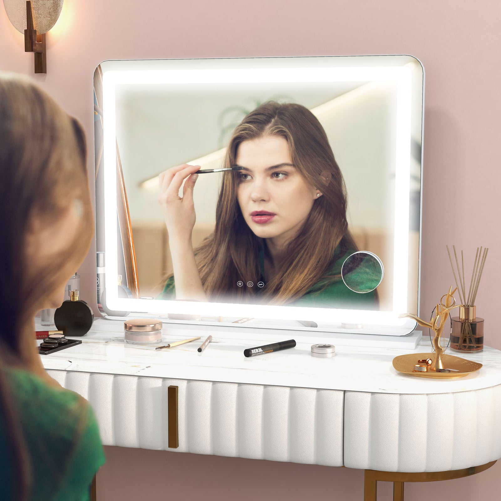 Vanity Mirror with Lights, Large Lighted Makeup Mirror with 3 Colour Lighting Modes, 10X Magnifying, USB Charging Port, Touch Screen, Tabletop or Wall Mounted Design for Bedroom, White