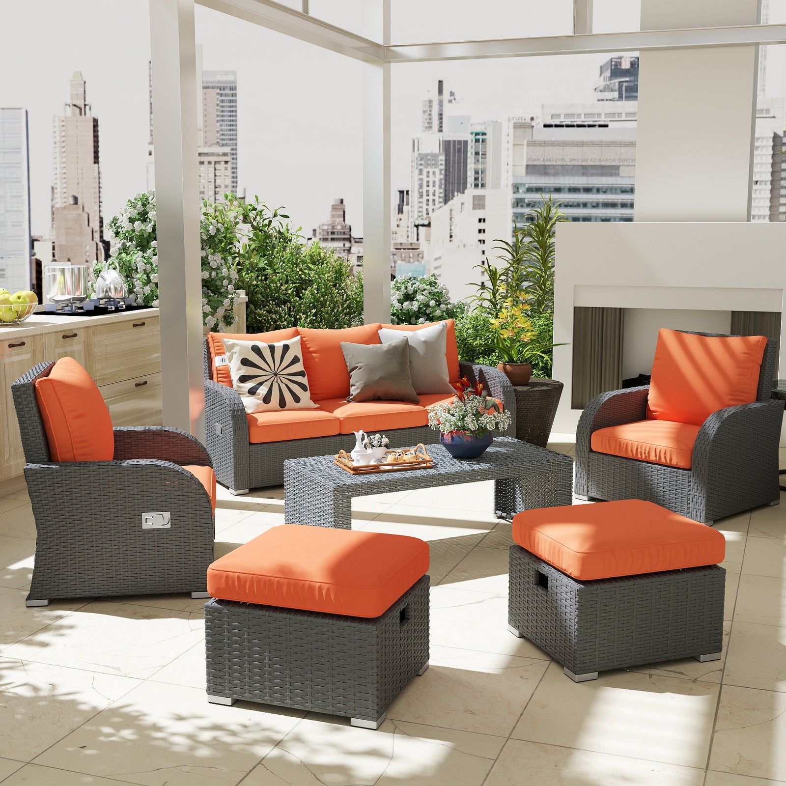 Six-piece Outdoor Rattan Dining Set, Outdoor Sofa Set with Reclining Armchairs and Mental Frame, Orange