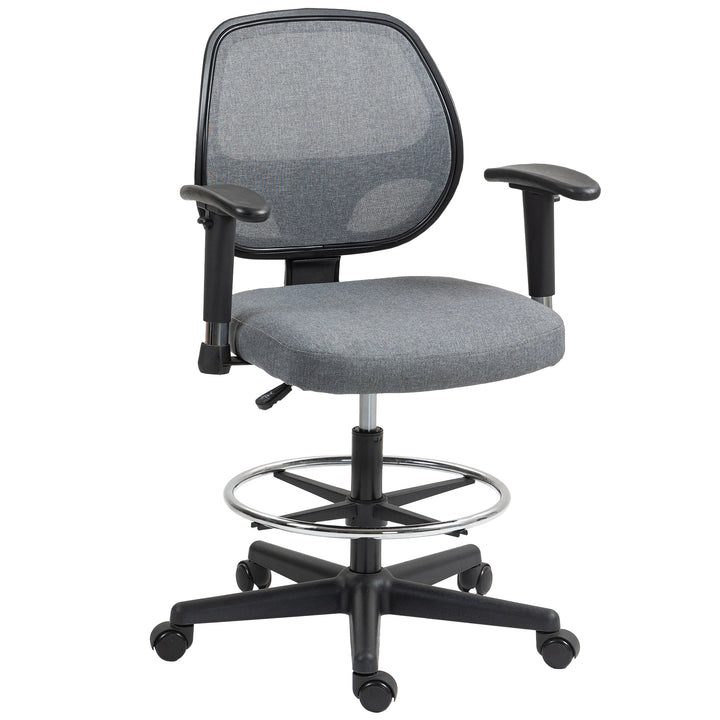 Drafting Chair, Fabric Office Chair, Ergonomic Painting Chair with Height Armrest Adjustable and Foot Ring, 360° Swivel Stool Chair for Standing Desk, Grey