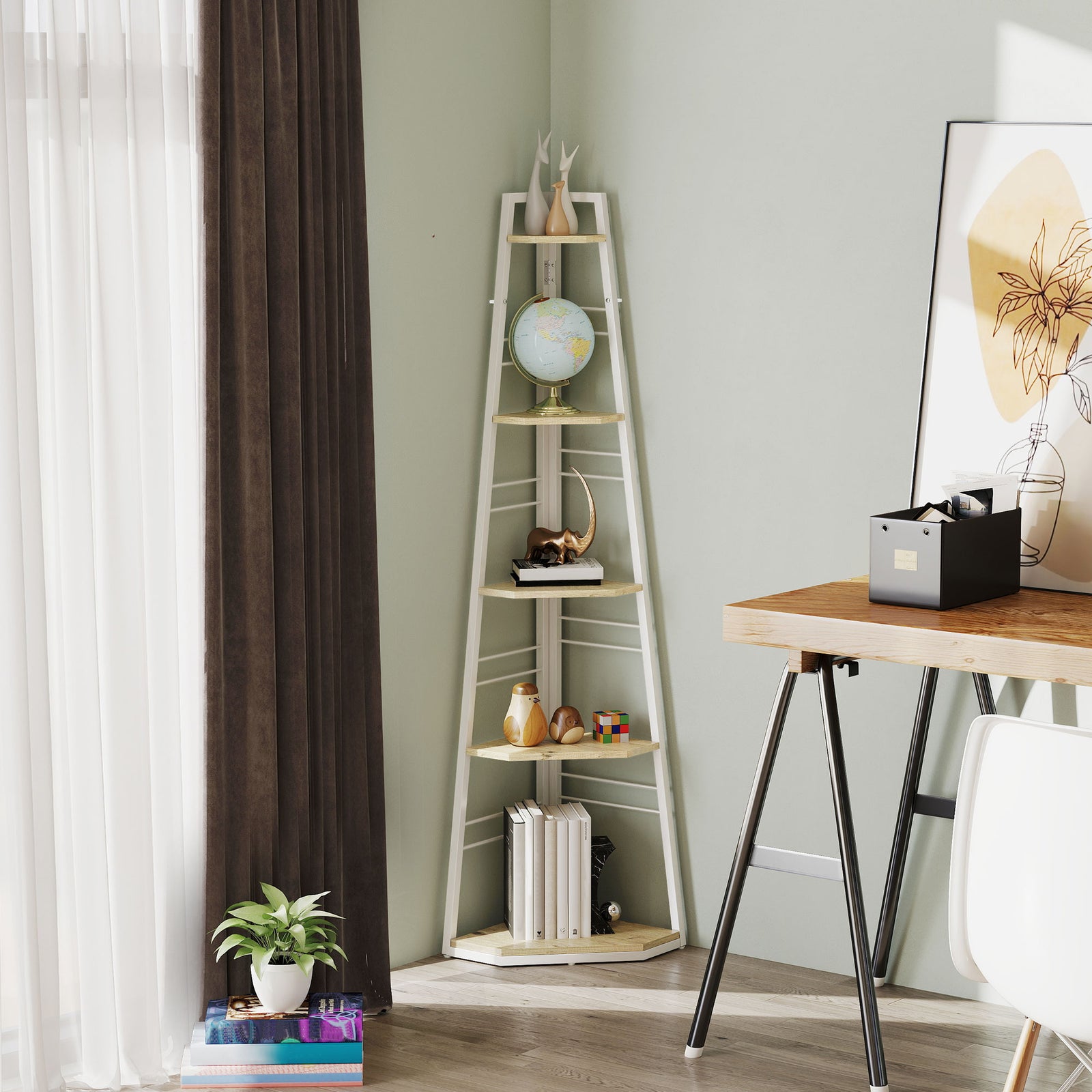 Five-Tier Corner Shelf - White/Wood-Effect