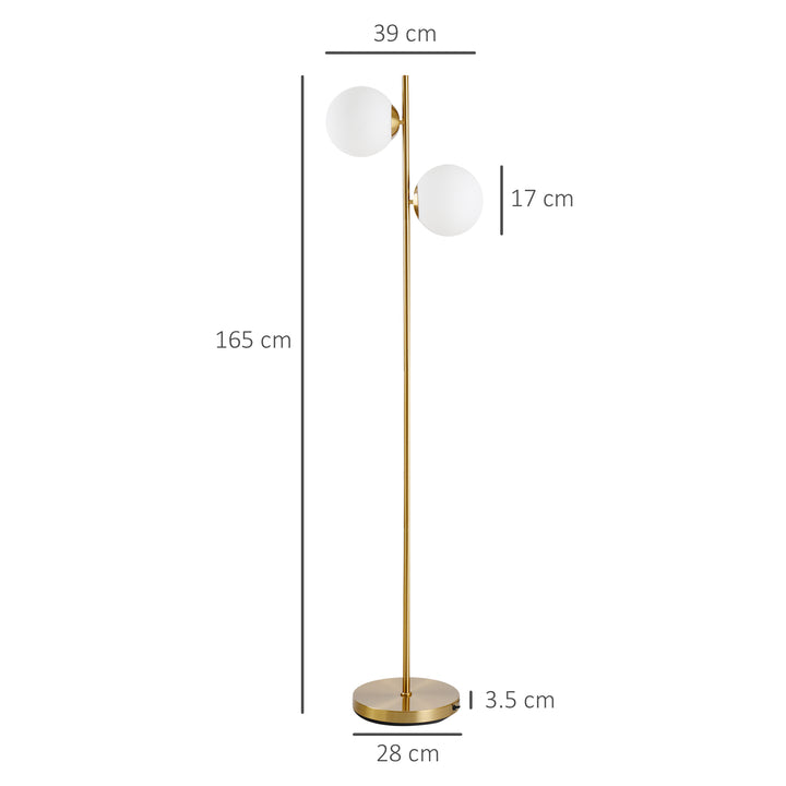 HOMCOM 2 Glass Shade Floor Lamp Metal Pole Cool Modern Decorative w/ Floor Switch Home Office Furnishing Gold