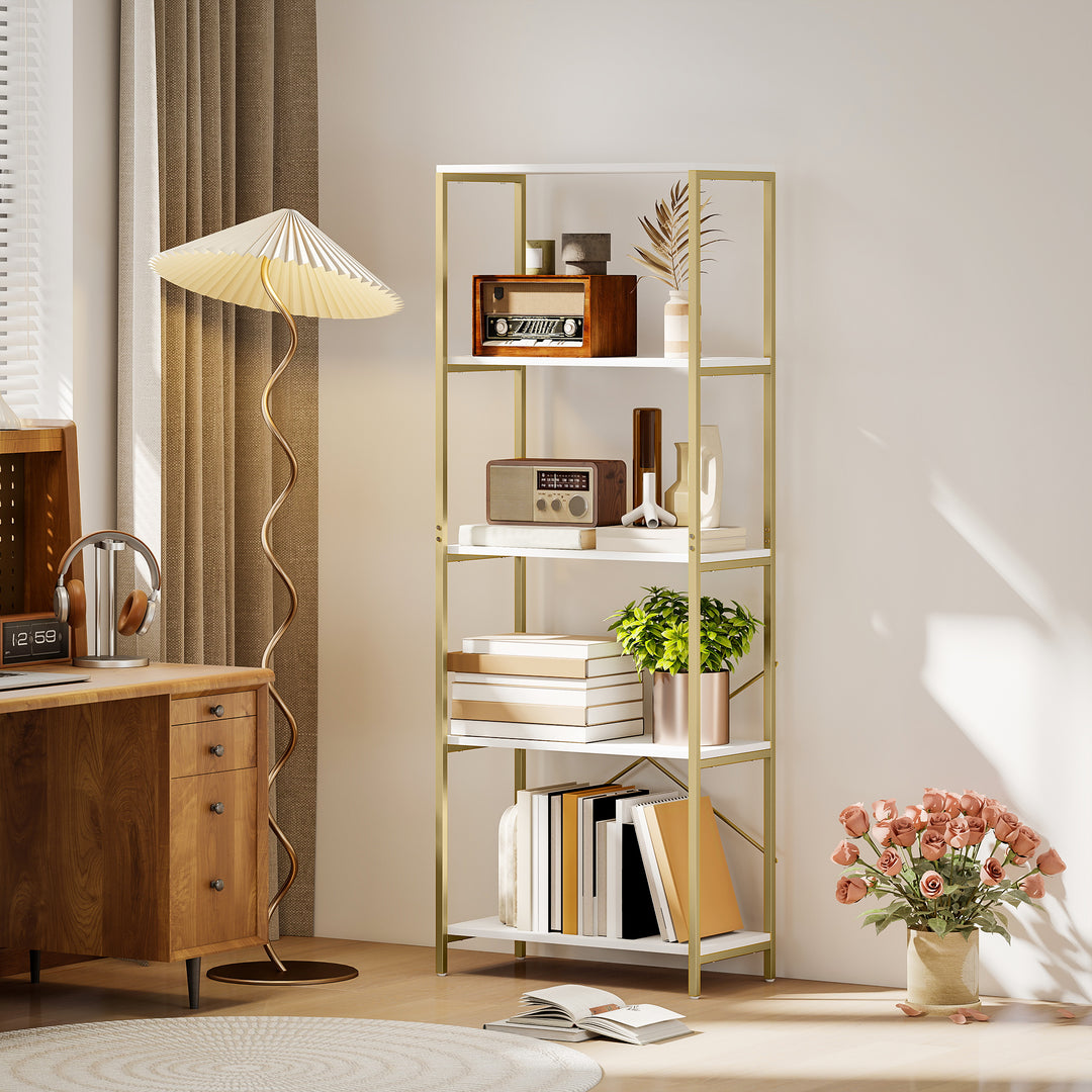 5-Tier Bookshelf, Modern Bookcase with Metal Frame - White and Gold To