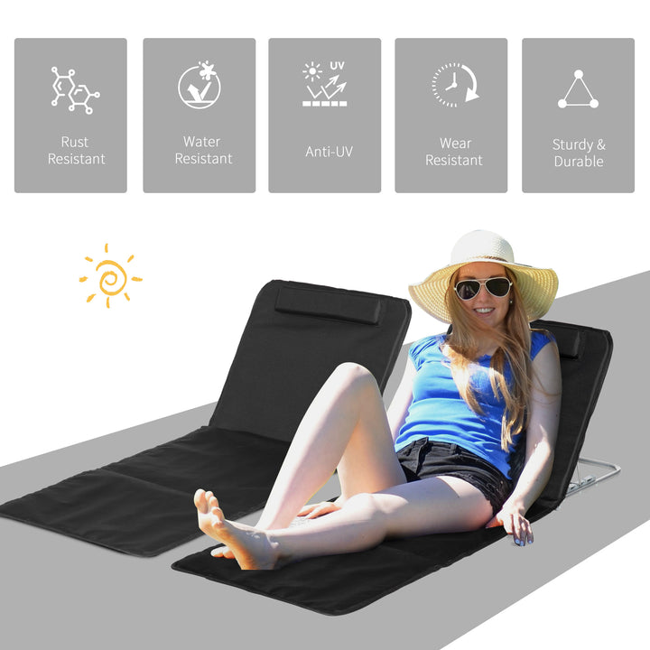 Set of 2 Foldable Garden Beach Chair Mat Lightweight Outdoor Sun Lounger Seats Adjustable Back Metal Frame PE Fabric Head Pillow w/ Carry Bag, Black