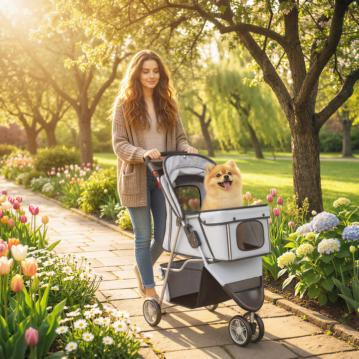 Dog Stroller, 3 Wheels Foldable Pet Stroller with Adjustable Canopy, S