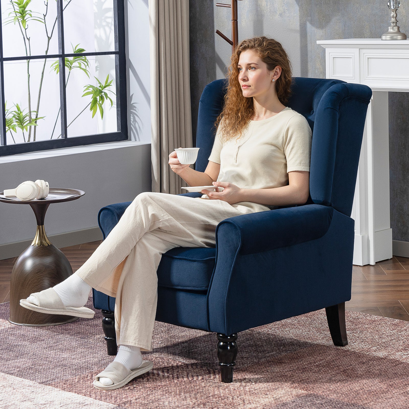 HOMCOM Wingback Accent Chair, Retro Upholstered Button Tufted Occasional Chair for Living Room and Bedroom, Dark Blue