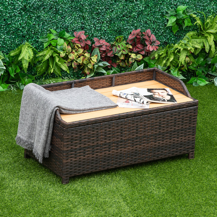 Outsunny Rattan Wicker Outdoor Storage Bench with Cushion, Brown, Patio PE Rattan, Elegant Seating and Storage Solution