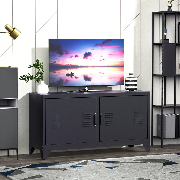 Steel TV Stand Cabinet, Industrial TV Unit for TVs up to 50", TV Table with 2 Doors, Adjustable Shelf and 4 Cable Holes for Living Room, Black