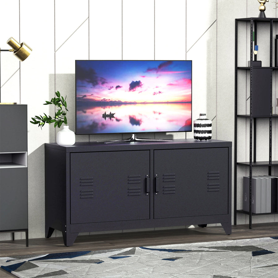 Steel TV Stand Cabinet, Industrial TV Unit for TVs up to 50", TV Table with 2 Doors, Adjustable Shelf and 4 Cable Holes for Living Room, Black