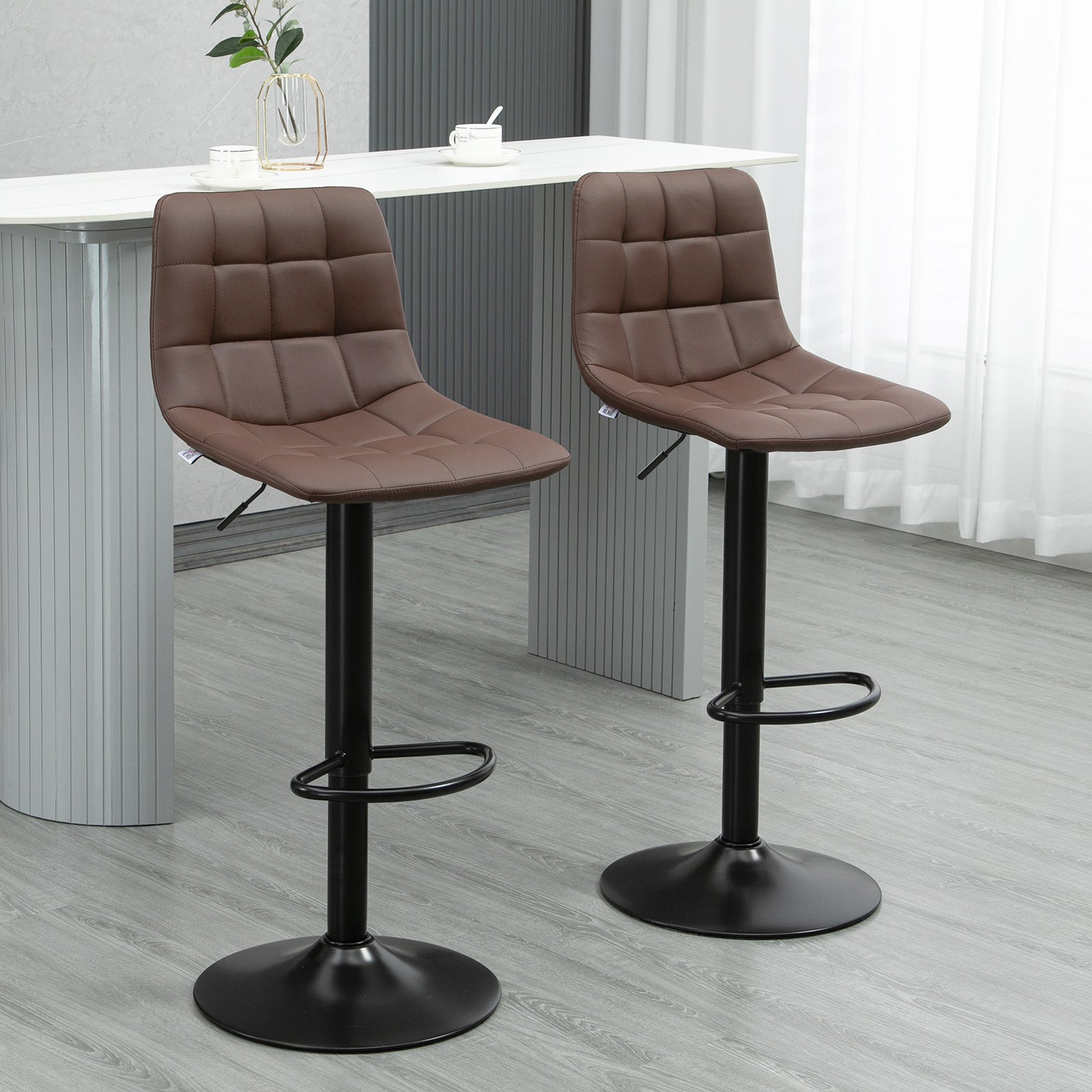 Adjustable Bar Stools Set of 2, Swivel PU Leather Upholstered Barstools with Tufted Seat and Back, Breakfast Bar Chairs for Kitchen Counter, Brown