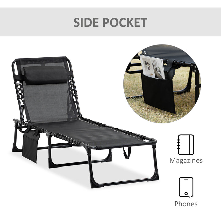 Portable Sun Lounger, Folding Camping Bed Cot, Reclining Lounge Chair 5-position Adjustable Backrest with Side Pocket, Pillow for Patio Garden Beach Pool, Black