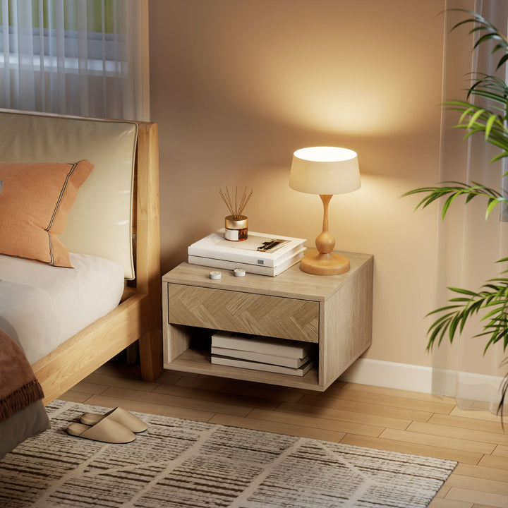Set of Two Floating Bedside Tables - Natural Wood Finish