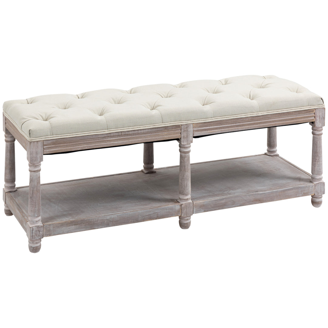 MCL 2-Tier Bed End Bench, Vintage Stool, Wooden Window Seat with Storage Shelf, Button Tufted Upholstered Footstool for Living Room, Bedroom, Entryway, Cream White