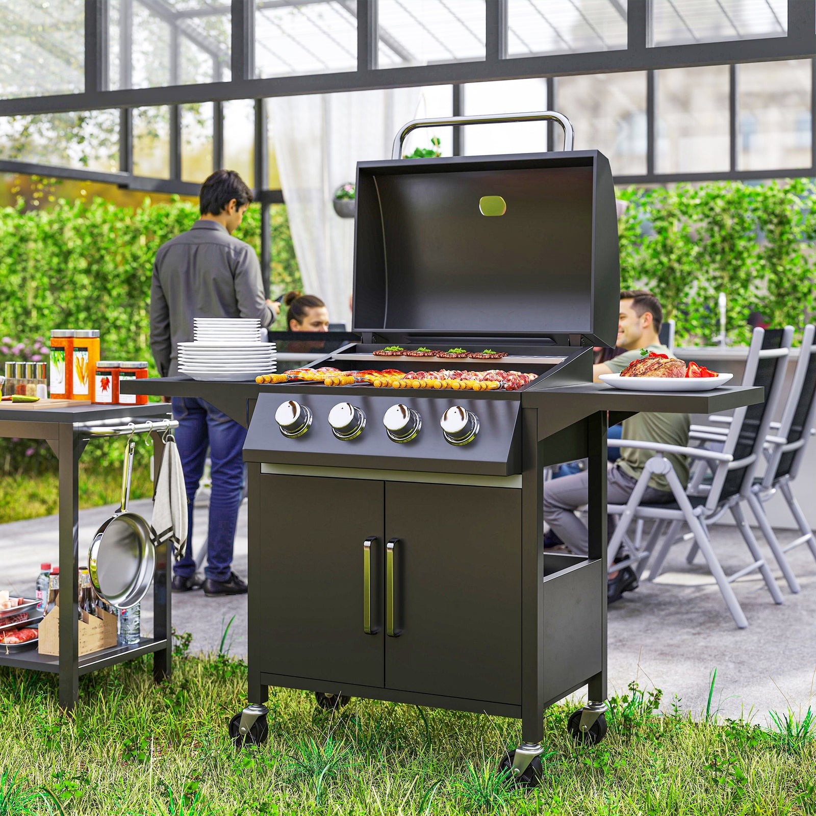 4 Burner Gas BBQ Grill Outdoor Portable Barbecue Trolley w/ Warming Rack, Side Shelves, Storage Cabinet, Thermometer