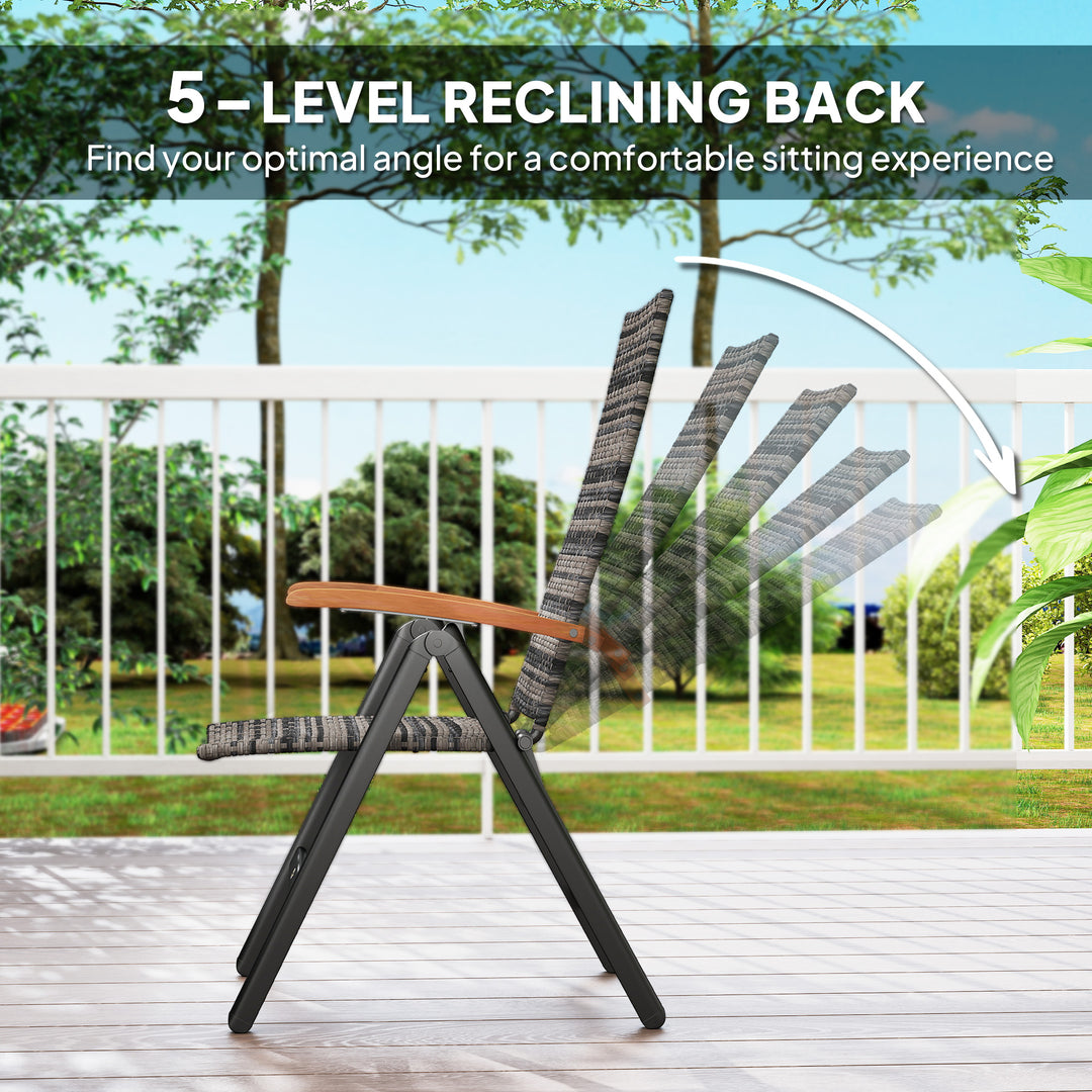 2 Pieces Folding Rattan Garden Dining Chairs with 5-level Reclining High Back, Wood Armrests for Outdoor - Mixed-grey