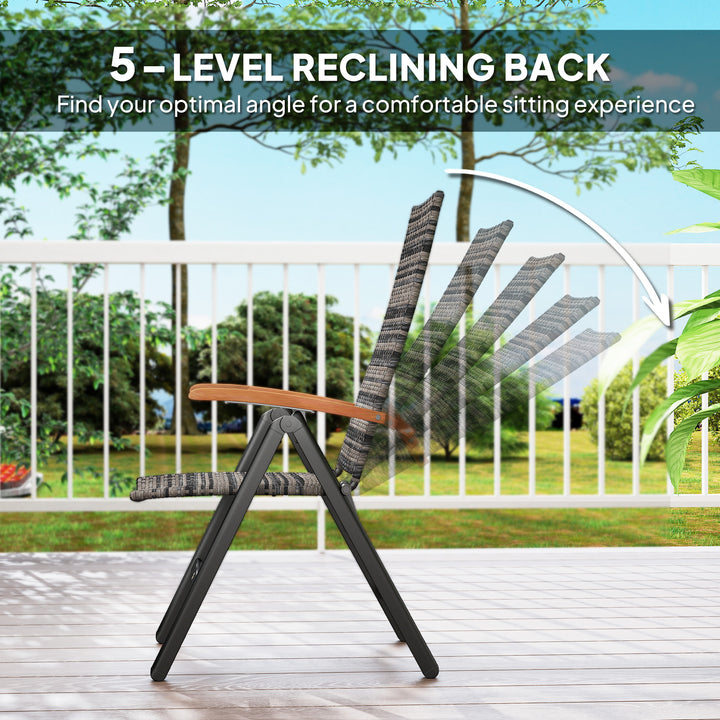2 Pieces Folding Rattan Garden Dining Chairs with 5-level Reclining High Back, Wood Armrests for Outdoor - Mixed-grey
