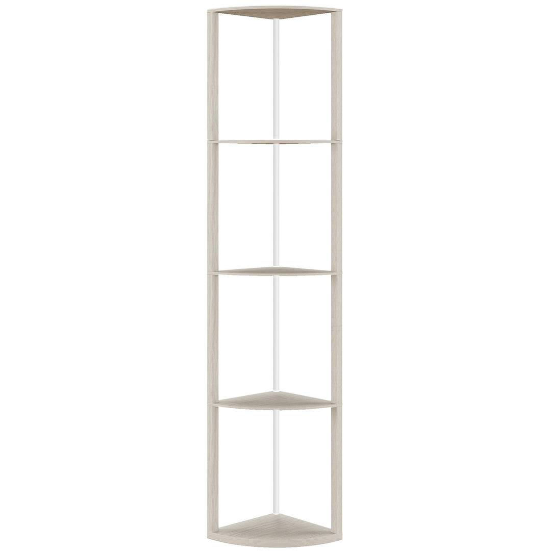 RGB LED Floor Lamp with Shelves, 5-Tier Dimmable Standing Lamp with Adjustable Brightness and Remote Control, Modern Corner Display Shelf Unit for Living Room Bedroom Office, Oak